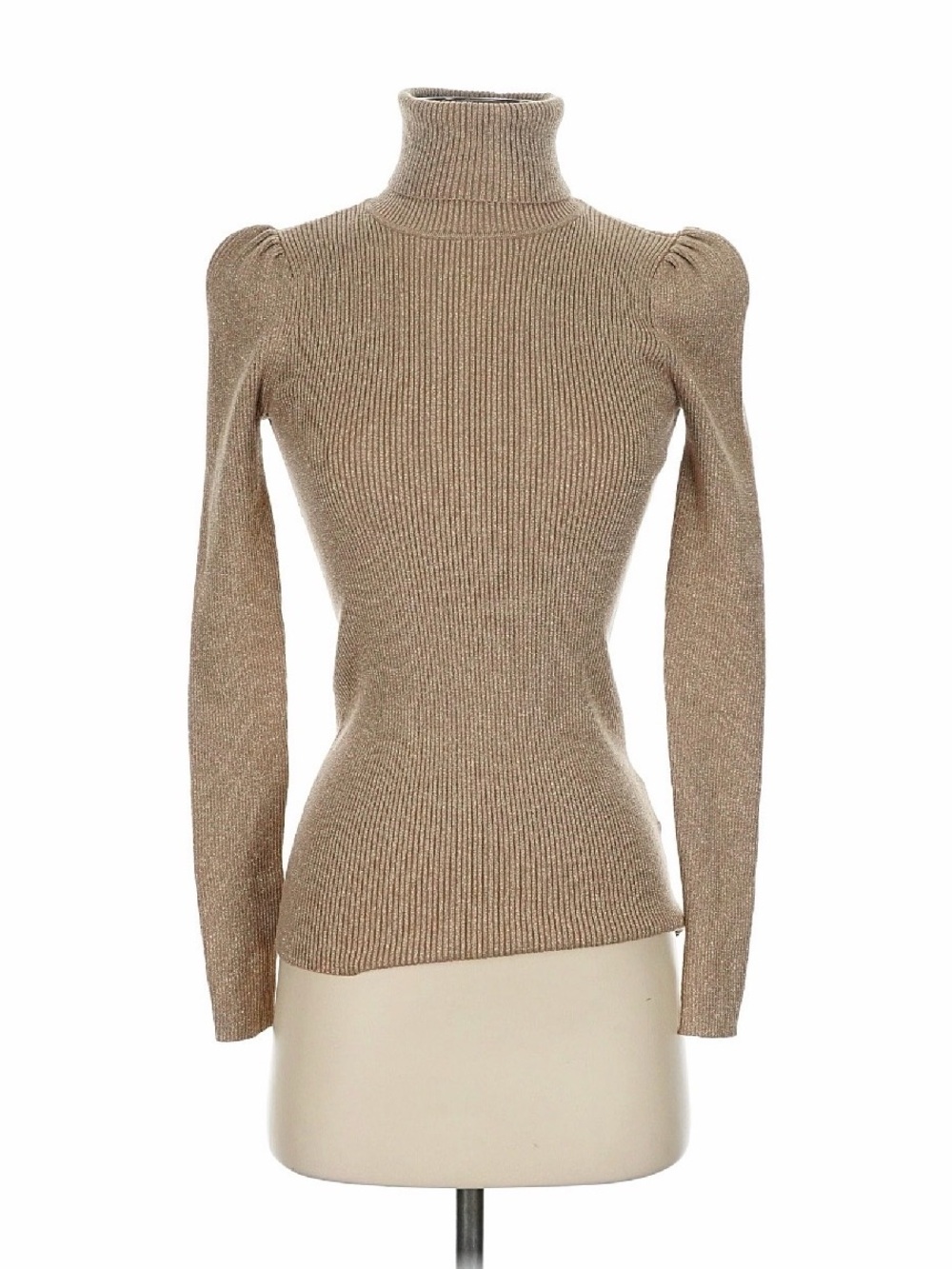 Ralph Lauren Turtleneck Metallic Ribbed Slim Sweater - Beige